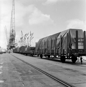 857685 Afbeelding van goederenwagens op een kade in de haven van Rotterdam.